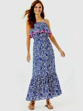 Lilly Pulitzer Adia Maxi Dress Oyster Bay Blue Maxi Dress with Pink Trim Sz XL
